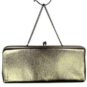 Vintage Gold Clutch‎ Prom Purse Pocketbook 10" Kiss Lock Chain Strap Satin Glam